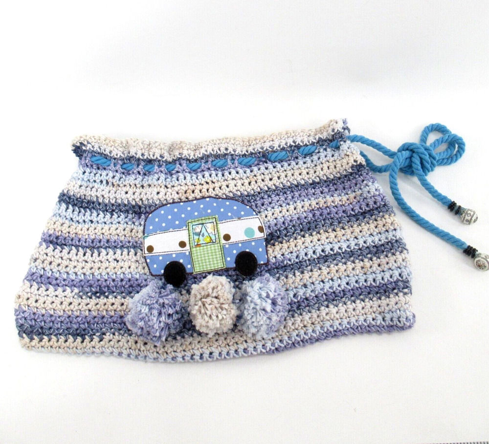Hand Knit Trailer Bag Blue White Applique Mobile Home Pouch Drawstring Pom Poms